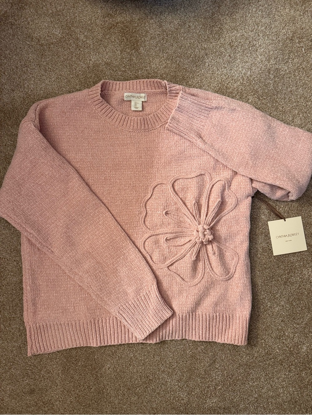 Cynthia Rowley Dusty Pink Crewneck Sweater with 3D Floral Appliqué